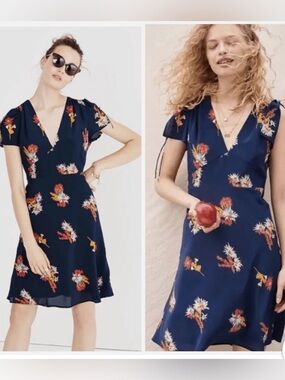 Madewell 100% Silk Poppy Aline Cactus Floral Navy Blue Dress size 14